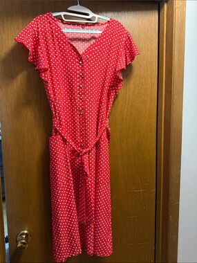 Red Polka Dot Button-Front Midi Dress-  size 12/14